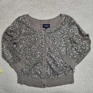 American Eagle Outfitters Sweater Cardigan Brown Sparkles Sz S Party Holiday